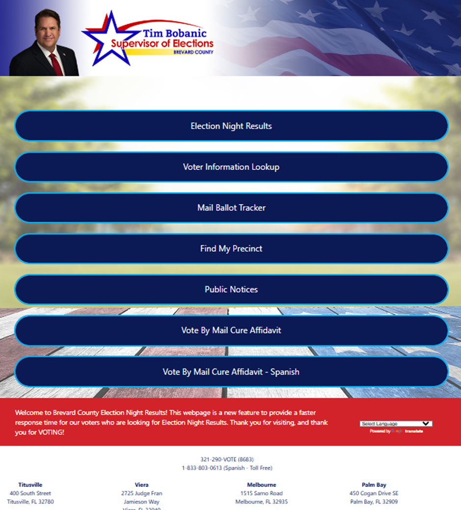 Screenshot of the Election Night Mode for VoteBrevard.gov