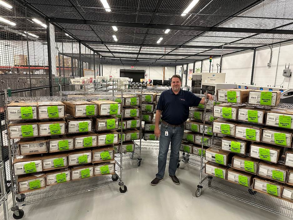 Supervisor of Elections Tim Bobanic prepares for the mass mail of domestic mail ballots. There are more than 29,000 mail ballots being delivered today to the United States Post Office for the 2025 Special General Election.