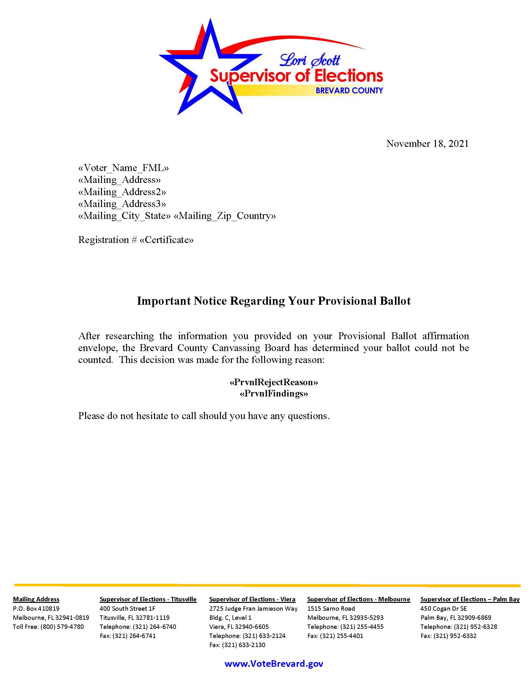 Sample Provisional Ballot Rejection letter