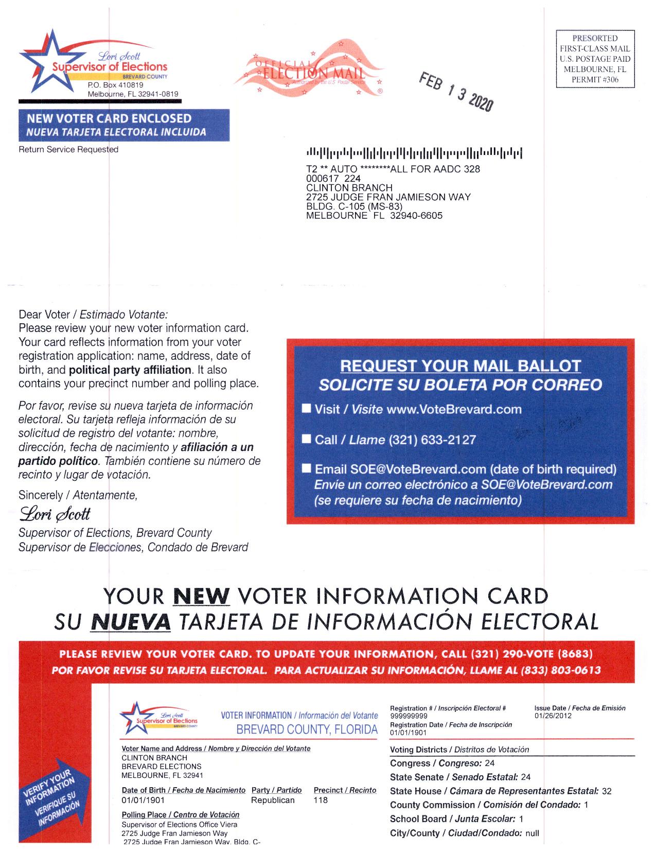 Sample Voter Information Card front side